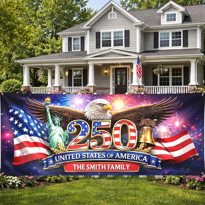 Personalized 250 Years of Freedom USA Banner 1776-2026, Patriotic American Eagle Flag for Independence Day, Customizable Family Name Outdoor Banner, USA Anniversary Decoration for Gardens & Porches A10