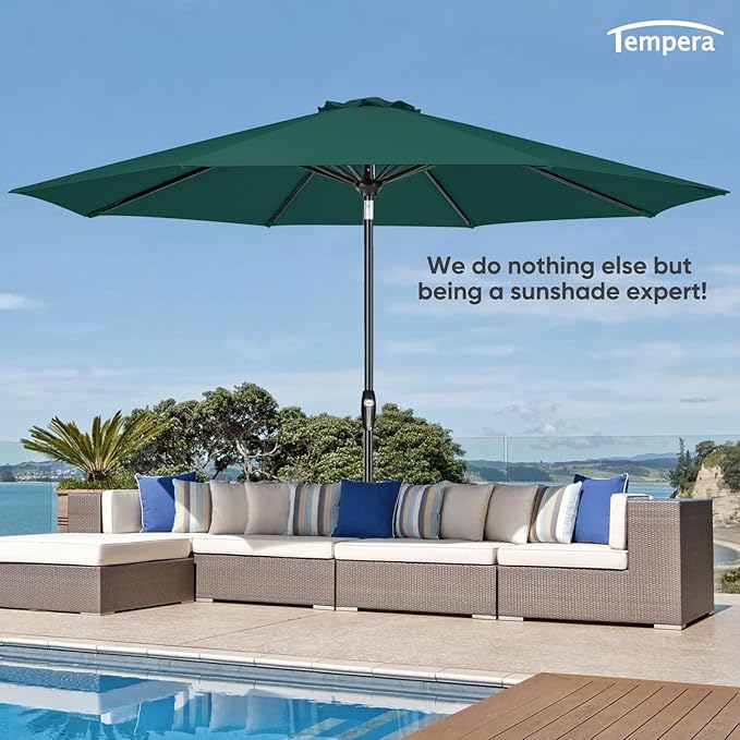 Tempera Patio Market Outdoor Table Umbrella with Auto Tilt and Crank, Large Sun Umbrella with Sturdy Pole & Fade Resistant Canopy, Easy to Set