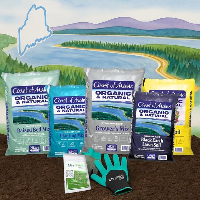 Coast of Maine CA1000 Castine Raised Bed Mix 1 cf with My Garden Pool 7-in-1 Soil Test Strips, 20 ct. and Claw Gardening Gloves