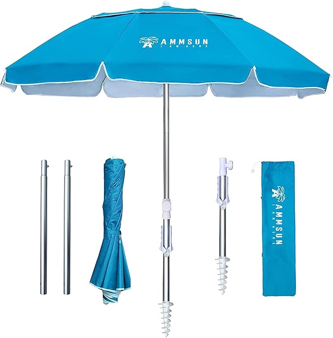 AMMSUN 6.5ft Twice Folded Portable beach umbrella with Sand Anchor Windproof Tilt Pole Air vent UPF 50+ Protection Fits in a large Suitcase Compact For Travel Patio Garden Pool Backyard Sky Blue
