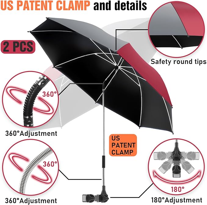 2 Pack Beach Umbrella with 360 Universal Clamp, UPF50+ Umbrella Outdoor Patio Sun Protection for Chairs, Beach &Patio Use (Not Include Chair)