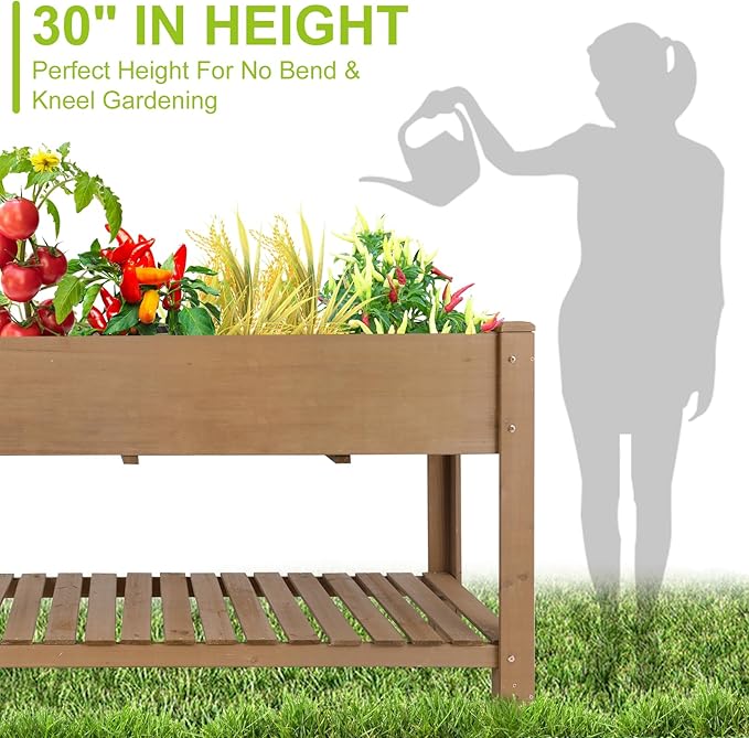 Raised Garden Bed with Legs - Elevated Wooden Planter Box, Durable Fir Wood, Reinforced Frame with Drainage Holes, Liner, and Storage Shelf for Vegetables, Herbs, Flowers, 47" x 23" x 30"