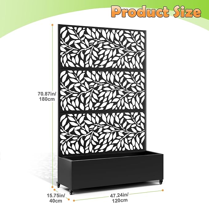Metal Raised Garden Bed with Trellis, 2 in 1 Trellis with Planter Box & Privacy Screen for Climbing Plants, Vine, Outdoor Standing Flower Beds with Drainage Holes,47.2" L x 16.7" W x 70.8" H,(Black)