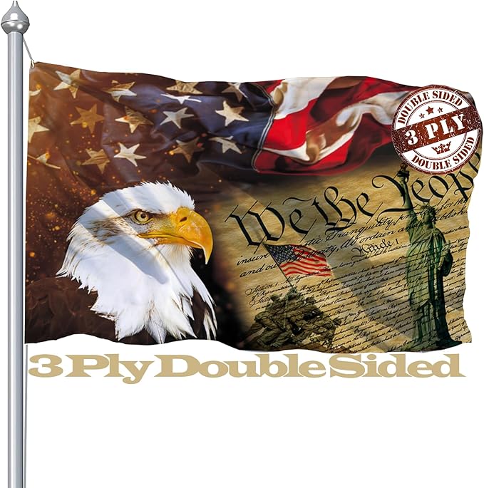 Statue of Liberty Double Sided Rustic Constitution Flag, 3x5 Ft, 3Ply Vintage American Bald Eagle Flags For Outdoor, 4th Of July Patriotic Memorial Independence Banner