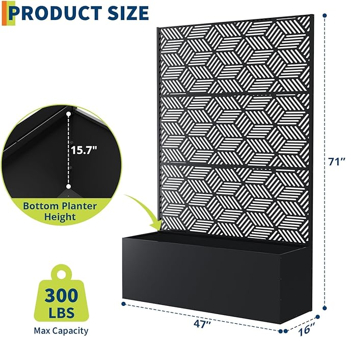 Garvee Metal Raised Garden Bed with Trellis, 71"x47"x16" Metal Planter Box with Trellis Privacy Screen for Climbing Plants, Vegetable, Vines, Drainage Holes, 15.8" Deep Planting Bed, Black