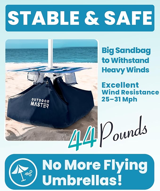 OutdoorMaster Beach Umbrellas for Sand with Sandbag & Anchor, 7.2ft Adjustable Umbrella for Beach Heavy Duty Wind, Portable UPF50+ Sunshade with Carry Bag for Patio