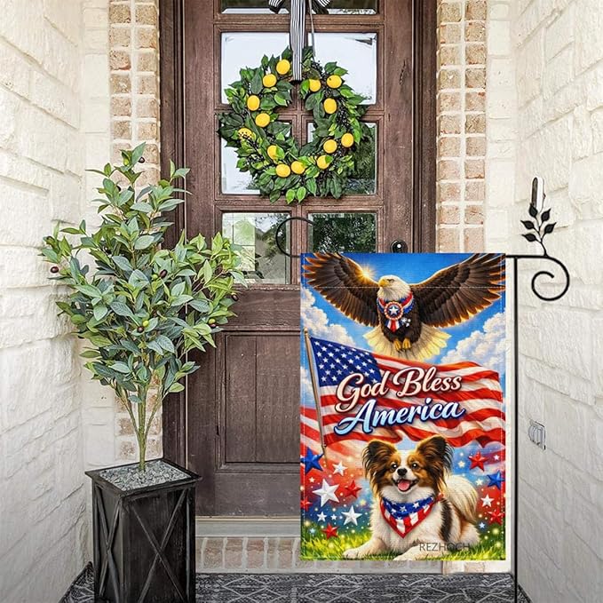Patriotic Papillon Garden Flag 12x18 Inch,American Independence Day Outdoor Yard USA Flag Funny Animal,Red White Blue 4th of July Lawn Porch Double Sided Outside Decor