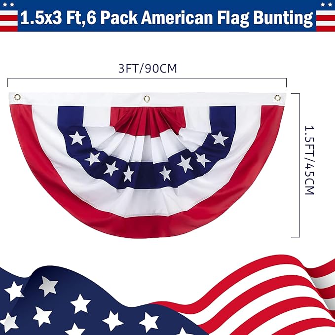 1.5x3 Ft American Flag Bunting - 4th of July Decorations Outdoor USA Pleated Fan Flag - Patriotic Half Fan Bunting Flags for Porch Garden Decor (Set of 6)