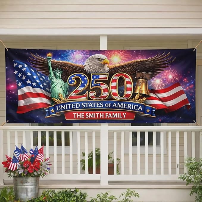 Personalized 250 Years of Freedom USA Banner 1776-2026, Patriotic American Eagle Flag for Independence Day, Customizable Family Name Outdoor Banner, USA Anniversary Decoration for Gardens & Porches A10