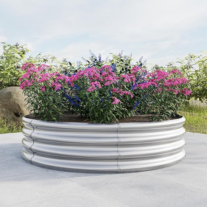 Round Galvanized Raised Garden Bed kit, Steel Fire Pit Ring Flower Planter Metal Above Ground Boxes Kit Patio Ground Planter for Planting Vegetables and Herb,Silver,47.2"×11.4"