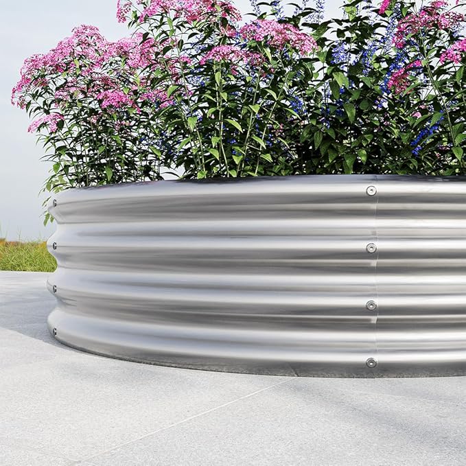Round Galvanized Raised Garden Bed kit, Steel Fire Pit Ring Flower Planter Metal Above Ground Boxes Kit Patio Ground Planter for Planting Vegetables and Herb,Silver,47.2"×11.4"