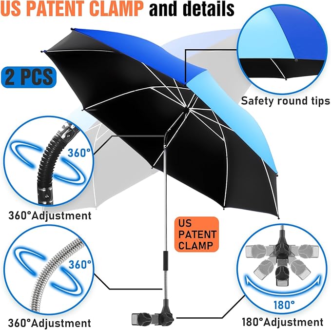 2 Pack Beach Umbrella with 360 Universal Clamp, UPF50+ Umbrella Outdoor Patio Sun Protection for Chairs, Beach &Patio Use (Not Include Chair)