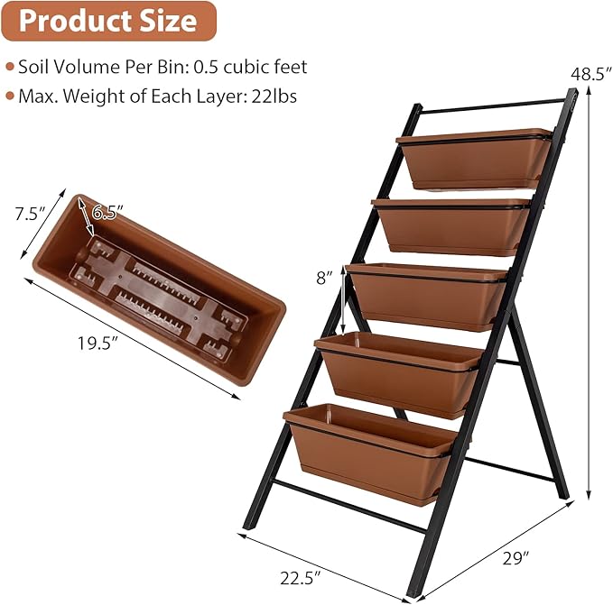 Giantex Set of 2 Vertical Planter Raised Bed, Elevated Garden Beds with Water Drainage Hole, Freestanding 5 Container Boxes for Herb Vegetables Flowers Growing, Outdoor Indoor Patio Balcony