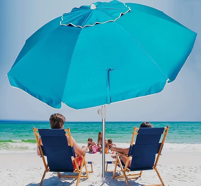 AMMSUN 6.5ft Twice Folded Portable beach umbrella with Sand Anchor Windproof Tilt Pole Air vent UPF 50+ Protection Fits in a large Suitcase Compact For Travel Patio Garden Pool Backyard Sky Blue