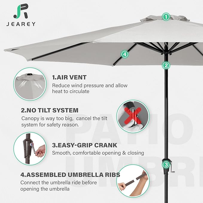 JEAREY 11' Patio Umbrellas Outdoor Table Market Umbrella w/Crank, 8 Sturdy Ribs, UV Protection Windproof for Garden, Deck, Backyard, Pool(Foggy Gray)