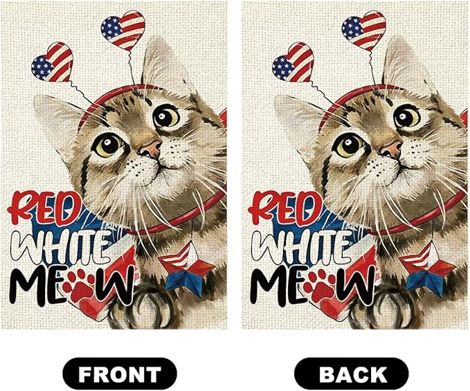 Patriotic 4th Of July American Cute Cat Garden Flag Decorations 12x18 Inch Double Sided Burlap Memorial Day Independence Day Yard American Garden Flags for Outside Decoration Yard Flag