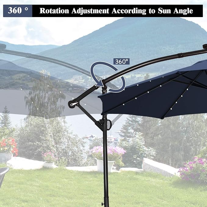 Tangkula 10 FT Solar Patio Umbrella, Offset Cantilever Outdoor Umbrella with 360 Degree Rotation, Aluminum Pole, Easy Tilt Adjustment, Crank Handle & Cross Base for Pool Deck Garden Backyard