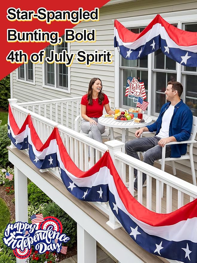 4th of July Decorations Outdoor Patriotic Bunting with Grommets - Star Patriotic Banner Flag for 250th Anniversary Outside Porch Fence, Red White and Blue Decorations, 2 Packs, 1.6ft x 19.7ft