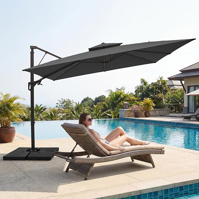 JEAREY 10ft Cantilever Patio Umbrella Outdoor Square Large Offset Umbrella Double Top Roating Heavy Duty Sun Umbrella for Patio Lawn Garden Backyard and Pool,Gray