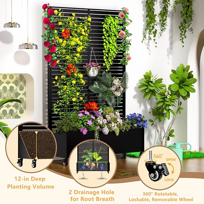 Metal Planter Box with Trellis, 72.1"x47.2"x16" Outdoor Galvanized Raised Garden Bed with Privacy Screen & Drainage Holes & Lockable Casters for Climbing Plants, Vegetable (Louvered-Black1)