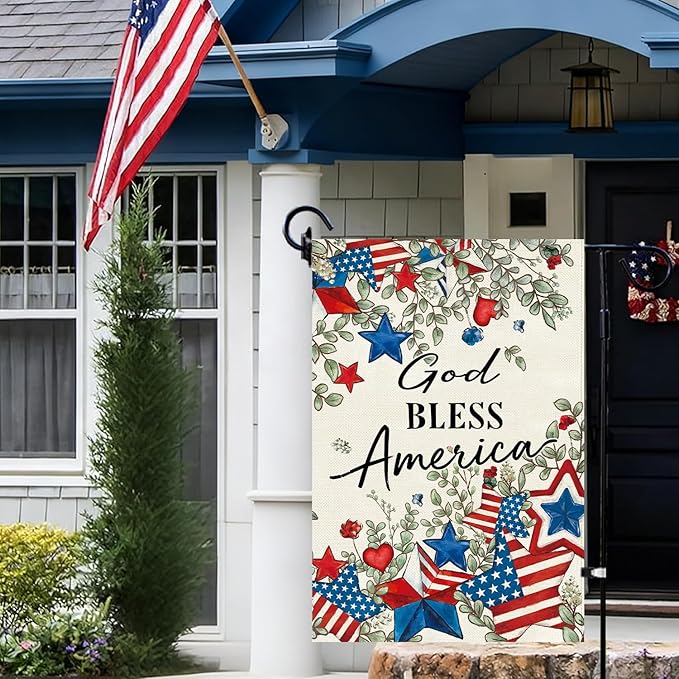 Baccessor Patriotic Garden Flag 12.5 x 18 Inch, Double Sided Burlap 4th of July Memorial Day Stars Floral Welcome Small Yard Flag for Porch Patio Seasonal Holiday Outdoor Outside Decor