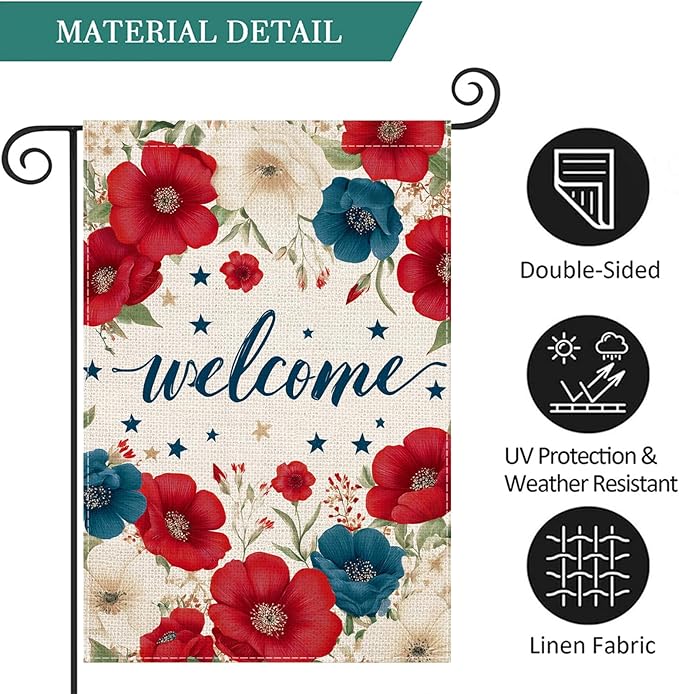 Patriotic Floral Welcome Garden Flag 12.5x18 Inch, Double Sided Burlap Red White Blue Flower Outdoor Yard Flag for Front Porch 4th of July Memorial Day Farmhouse Decor