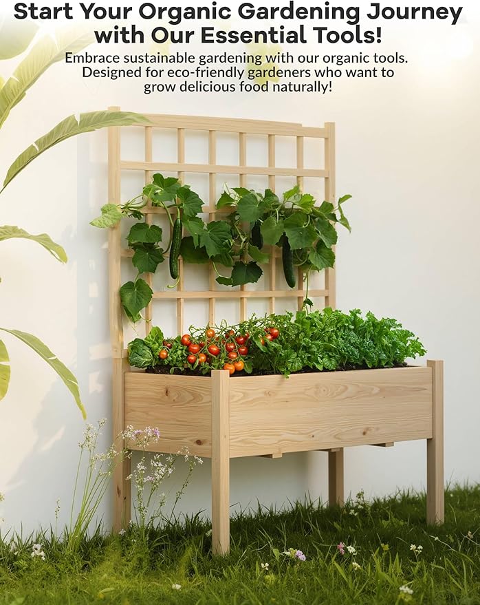 Wooden Raised Garden Bed with Trellis, 46.46x23.23x65.35IN Elevated Planter Box with Legs for Climbing Plants, Vegetables & Flowers