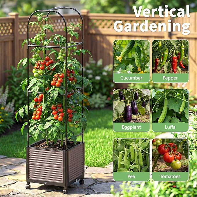 DoCred 60" H Raised Garden Bed Planter Box with Wheels, 2 Pack Tomato Cage Planter Raised Garden Bed with Trellis for Climbing Vegetables Plants Tomato Cage, Indoor Outdoor Use