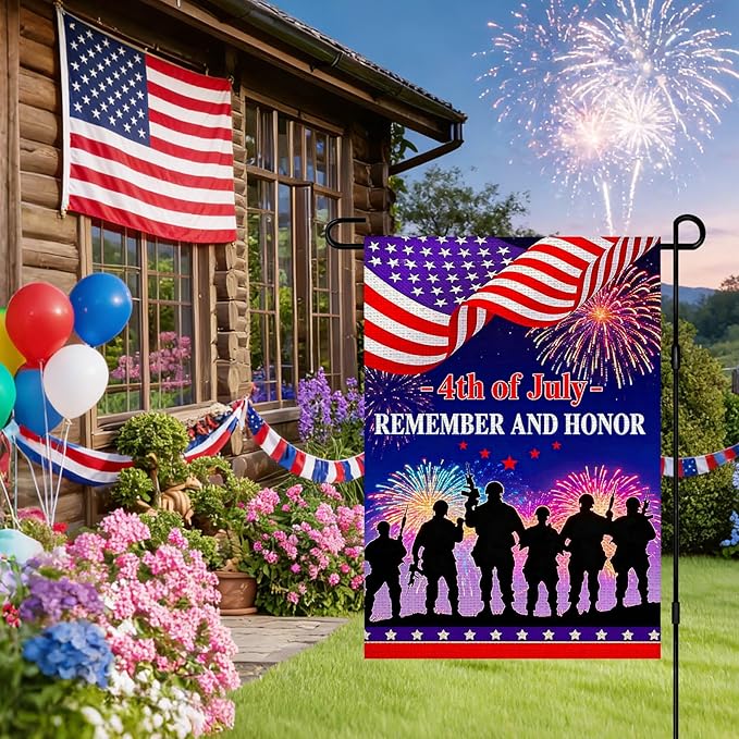 IVN Remember And Honor 4th Of July Military Garden Flag 12x18 Burlap Remember And Honor Soldier Silhouettes Fireworks Night Sky Stars Stripes Banner Double Sided Patriotic Outdoor Yard House Flag for Outside Home Front Door Lawn Porch Patio Independenc...
