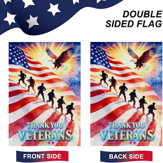 IVN Thank You Veterans Eagle American Flag Garden Flag 12x18 Burlap Thank You Veterans Soldier Silhouettes Fireworks Sunrise Rays Stars Stripes Double Sided Patriotic Outdoor Yard House Flag for Outside Home Front Door Lawn Porch Patio Memorial Day Decor