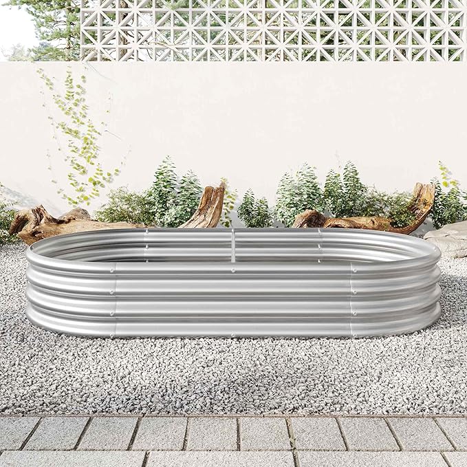 Raised Garden Beds Outdoor, Oval Large Galvanized Metal Planter Box with Kit, Above Ground Garden Bed for Vegetables Fruits and Flowers (Silver, 6×3×1)