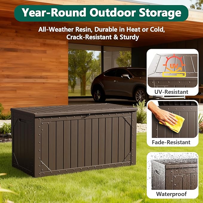 100 Gallon Outdoor Storage Box, Waterproof Resin Deck Box Organizer for Patio Cushion Storage, Lockable Outside Container for Garden Tools