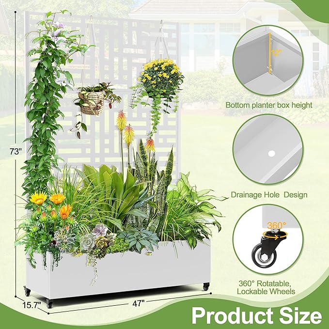 Raised Garden Bed with Trellis and Wheels,73"x47"x16" Metal Raised Garden Bed,White Modern Metal Planter with Climbing Trellis for Vines & Vegetables