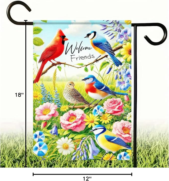 BlissYard Welcome Friends Summer Spring Garden Flag Spring Cardinal Birds Flowers Butterfly Yard Flag Flowers Daisy Hummingbirds Decorative Garden Flag Banner for Outdoor Home Decor Party