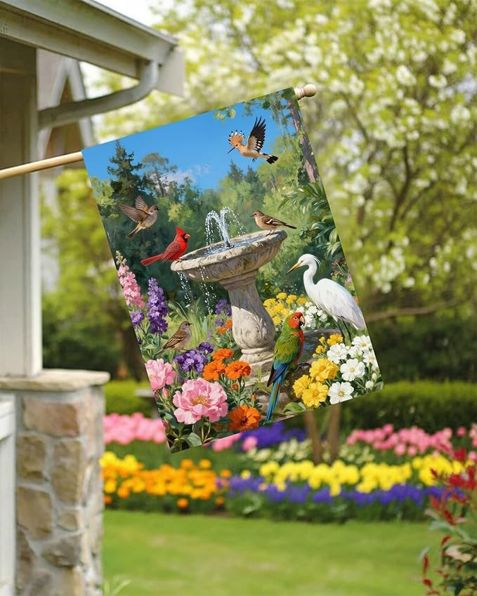 Spring Lush Flowers Birds Cardinal Parrot Stone Birdbath Fountain House Flag 28" x 40" Double Sided Polyester Welcome Large Yard Garden Flag Banners for Patio Lawn Home Outdoor Decor