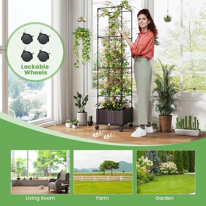 S AFSTAR Raised Garden Bed with Tomato Cage, 67" Planter Box W/Trellis & Lockable Wheels, Free Height Combination Self-Watering Plastic Garden Box Plant Container for Climbing Plants Vegetable (2)