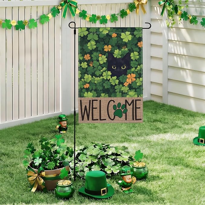 St Patricks Day Garden Flag, 12x18 Inch Double Sided Shamrock Black Cat Welcome Paw Print Design Home Decor Farmhouse Indoor Outdoor Yard Flag Decoration