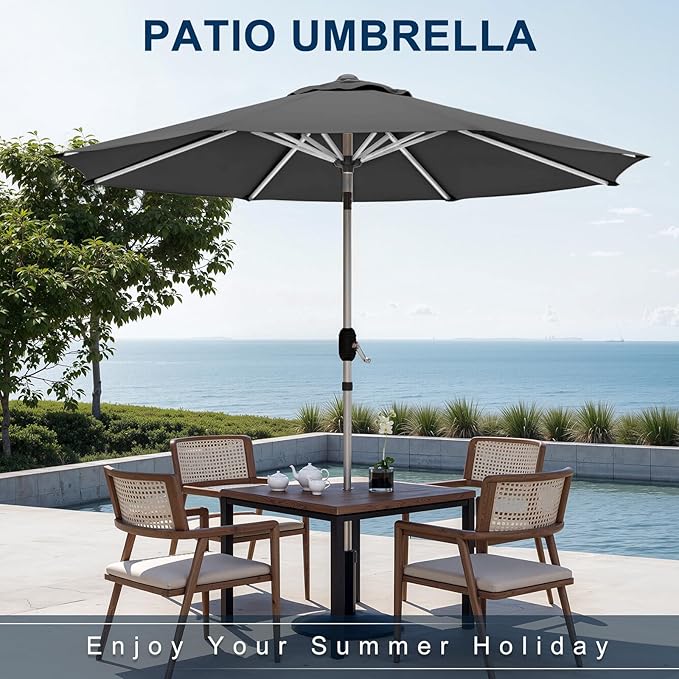 9FT Aluminum Outdoor Patio Umbrella, Fade-Resistant Market Umbrella with Push Button Tilt Function, 8 Sturdy All-Aluminum Ribs for Gardens, Patios, Backyards & Pools