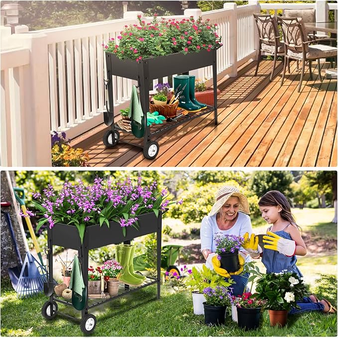 GARFANS Raised Garden Bed, Metal Raised Planter Box Outdoor with Legs, 2 Wheels and Shelf, Elevated Garden Bed Box for Vegetable Indoor Herb Flower Backyard Patio, 40" L x 16" W x 31.5" H
