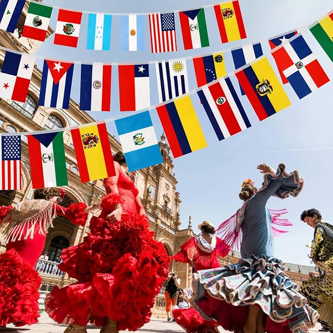 NOVWANG 100pcs Latin America Flags, 4 Set 22 Countries String Flags Spanish Speaking Country Flags Banners Bunting for Hispanic Heritage Month National Hispanic Events Sports Bars(105Ft)