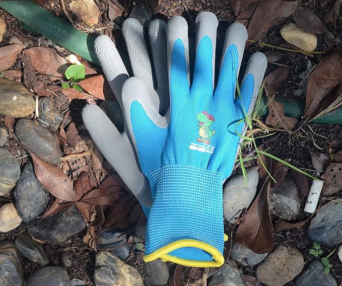 Ages 5-7 Kids Gardening Gloves,Yard Work Gloves for Toddlers, Youth, Girls, Boys, Childrens, Soft Safety Rubber Gloves (XXS Age 5-7, 2 Pairs Blue Dinosaur)