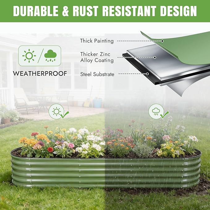 INNO STAGE Galvanized Raised Garden Bed Kits, 8x2x1.4FT Metal Raised Garden Beds Outdoor, 17'' Tall Large Steel Raised Planter Bed for Vegetables & Flowers Patio Ground Planter Box (Olive Green, 2Pcs)