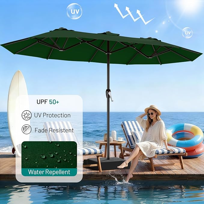 AreShark 15FT Outdoor Patio Umbrella with Crank, Large Rectangular Market Umbrella, Double-Sided Outdoor Umbrellas with Cross Base & Sandbag for Porch, Lawn, Pool, Backyard, Dark Green