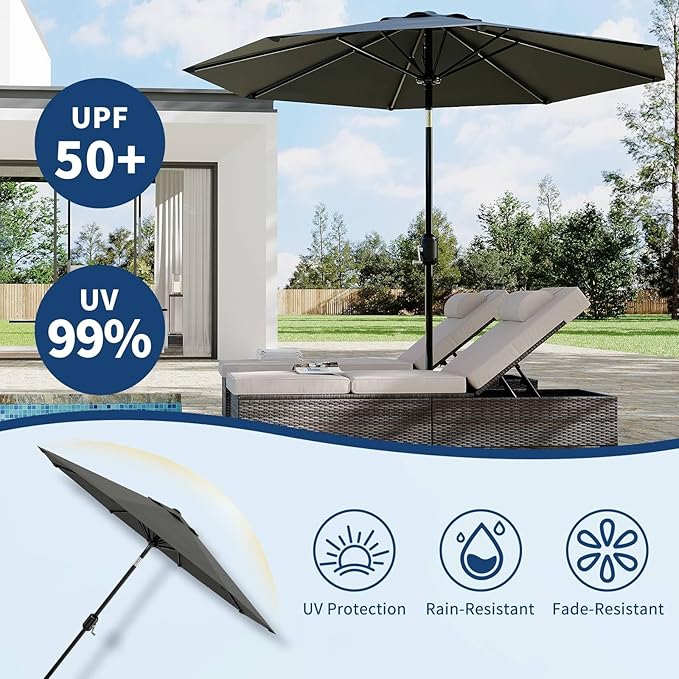 9 ft Patio Umbrella - 8 Sturdy Ribs Outdoor Table Umbrella with Crank Lift & Push Button Tilt - Market Umbrella for Pool, Deck, Yard, Garden - Gray