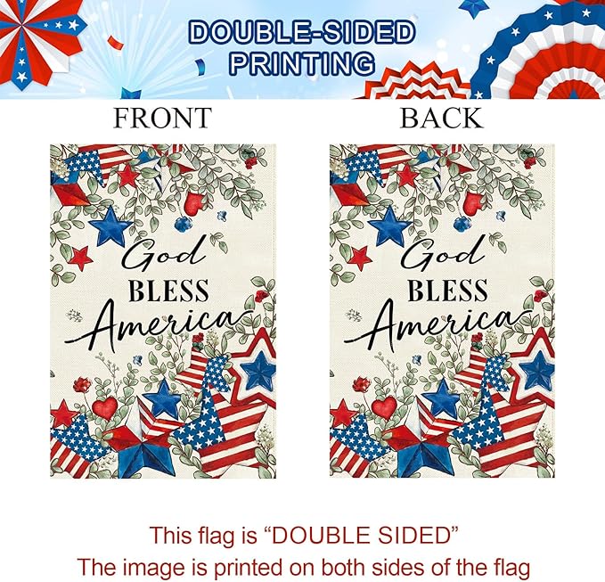 Baccessor Patriotic Garden Flag 12.5 x 18 Inch, Double Sided Burlap 4th of July Memorial Day Stars Floral Welcome Small Yard Flag for Porch Patio Seasonal Holiday Outdoor Outside Decor