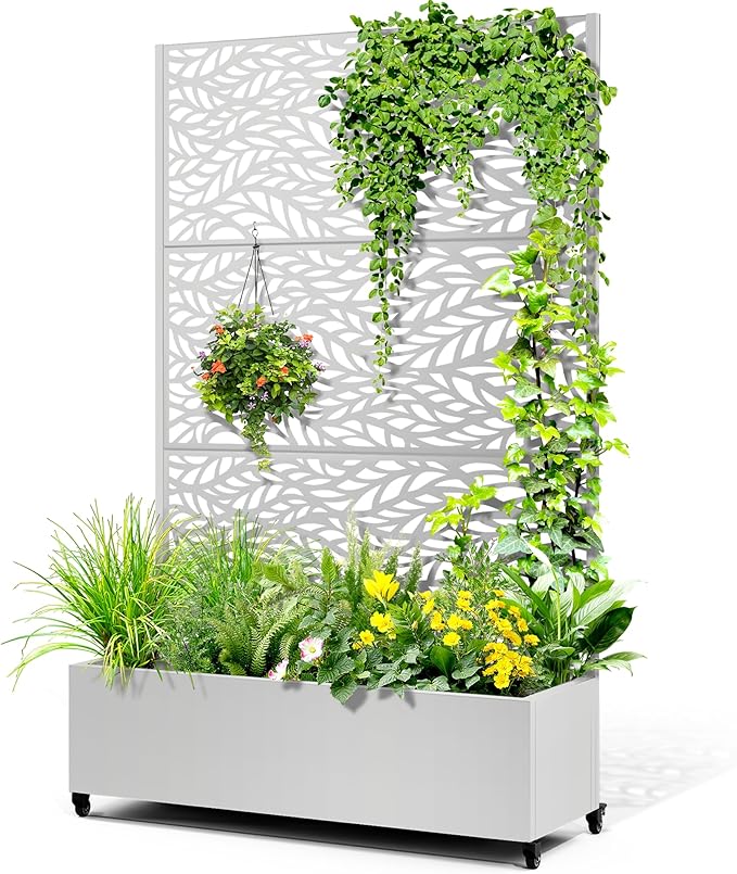 Metal Raised Garden Bed with Trellis, 2-in-1 Planter Box & Privacy Screen for Climbing Plants, Outdoor Standing Flower Bed with Drainage Holes, 47.2" L x 16.7" W x 70.8" H, White-Spring
