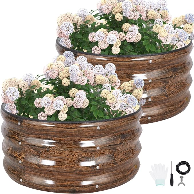 G GOOD GAIN Round Raised Garden Bed - 2Pcs 2x2x1ft Galvanized Steel Planter Boxes Outdoor with Rubber Edge Trim | Metal Raised Beds for Gardening Vegetables Flowers Fruits Herbs (Wood Grain)