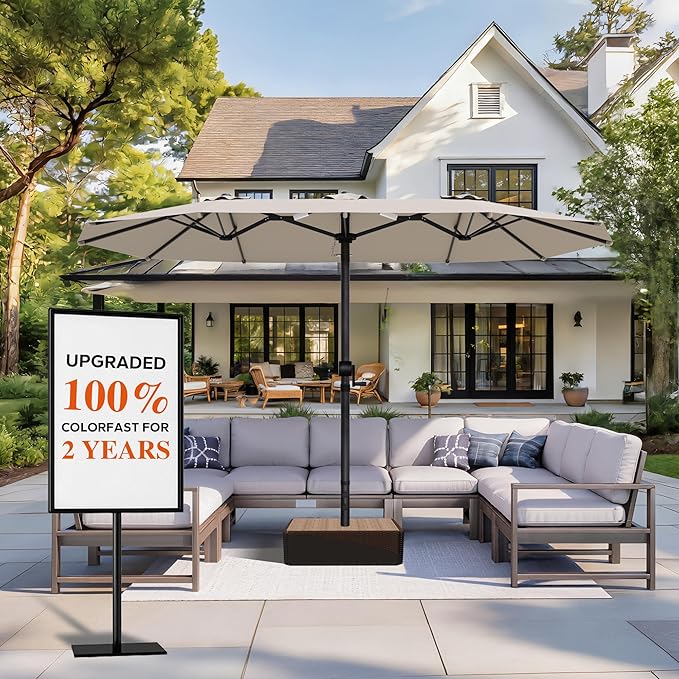 15FT Large Patio Umbrella, Outdoor Deck Standing Umbrella with Crank Handle, Double-Side Rectangular Pool Umbrella for Outside, Market, Patio, Beige (Base Not Include)