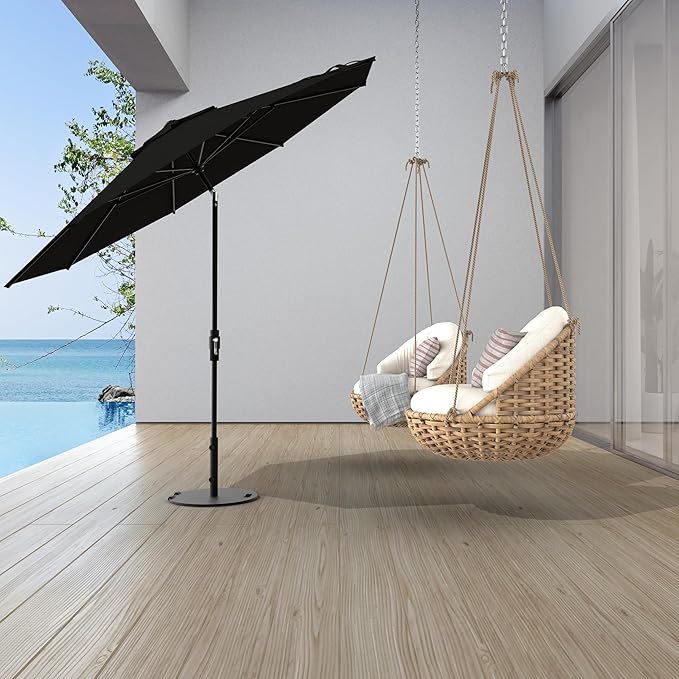 The Swilt 9 Feet Outdoor Umbrella With Terylast Ebony (Black) Polyester Fabric - Fiberglass Ribs, Auto-Tilt And Swivel Aluminum Frame Patio Umbrella For Deck, Garden, Pool - Black Pole