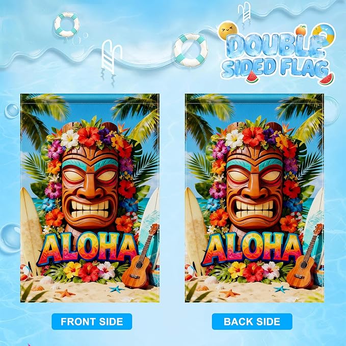 IVN Tiki Surf Aloha Garden Flag 12x18 Burlap Aloha Tiki Mask Surfboards Ukulele Sunshine Beach Ocean Palm Leaves Hibiscus Flowers Double Sided Summer Outdoor Yard House Flag for Outside Home Front Door Lawn Porch Patio Welcome Summer Decor